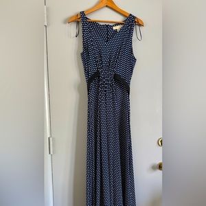 Michael Kors blue,black white polka dot maxi with elastic belt ruched waist
